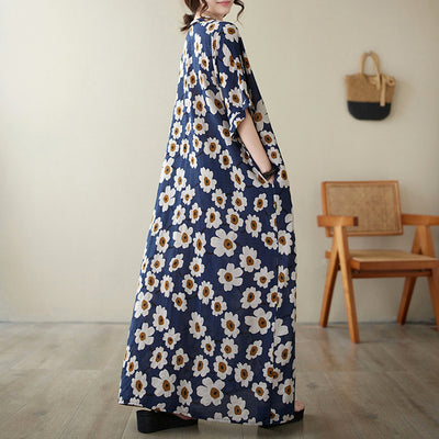 Summer Retro Cotton Linen Vacation V-Neck Floral Plus Size Dress