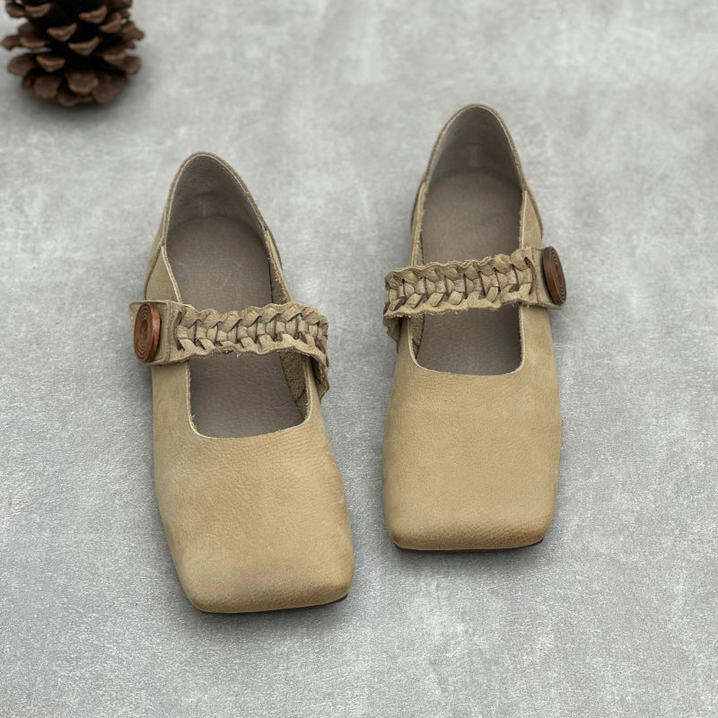 Artistic Retro Square Toe Handmade Woven Strap Leather Flats