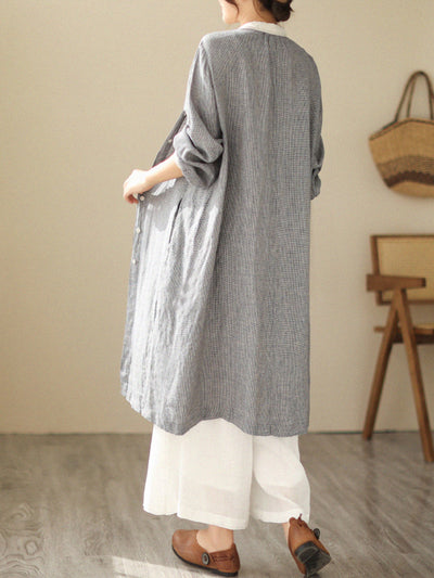 Women Casual Plus Size Houndstooth Plaid Linen Mid-Length Jacket