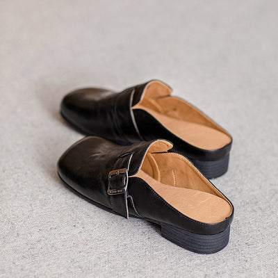 Minimalist Elegant Genuine Leather Low Heel Slippers for Women