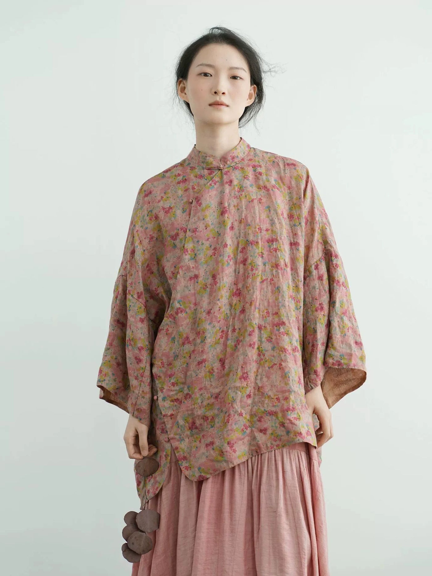 Babakud Women Retro Nation Ramie Stand Collar Floral Suit