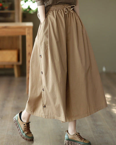Loose Wide-Leg Side Buttons Cotton Linen Casual Pants for Women