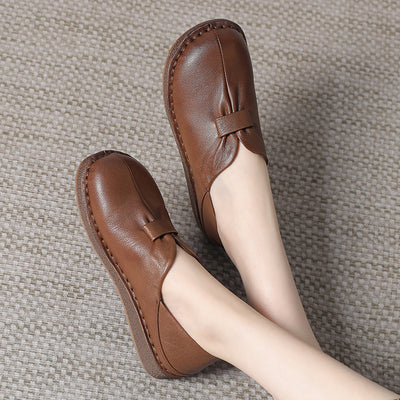 Women Retro Comfy Black and Brown Genuine Leather Slip-On Shoes
