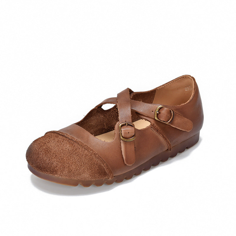 Genuine Leather Retro Casual Patchwork Crossing Straped Shoes