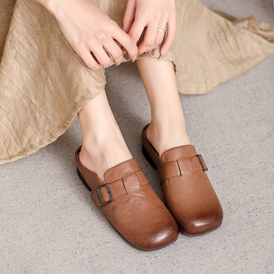 Minimalist Elegant Genuine Leather Low Heel Slippers for Women