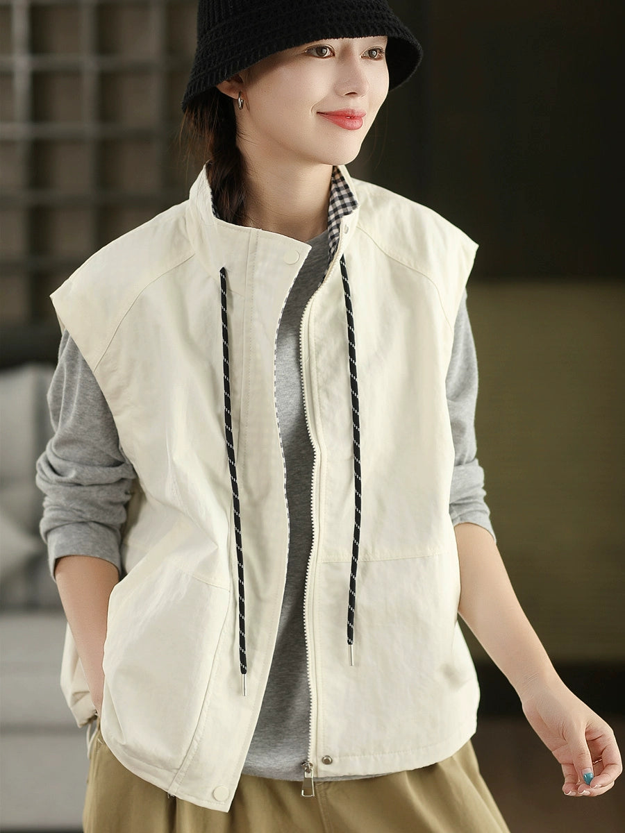 Women Casual Cool Stand Collar Sleeveless Lace-Up Plaid Jacket
