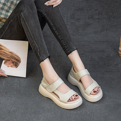 Summer Casual Leather Open Toe Platform Velcro Shoes