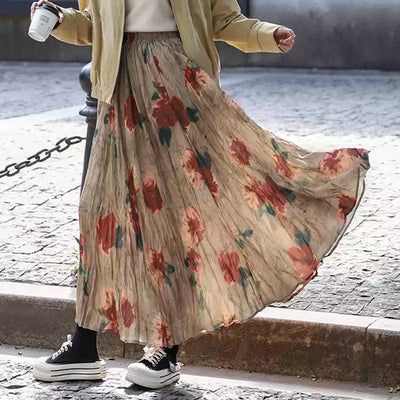 Women Spring Retro Cotton Printed Rose A-Line Skirt