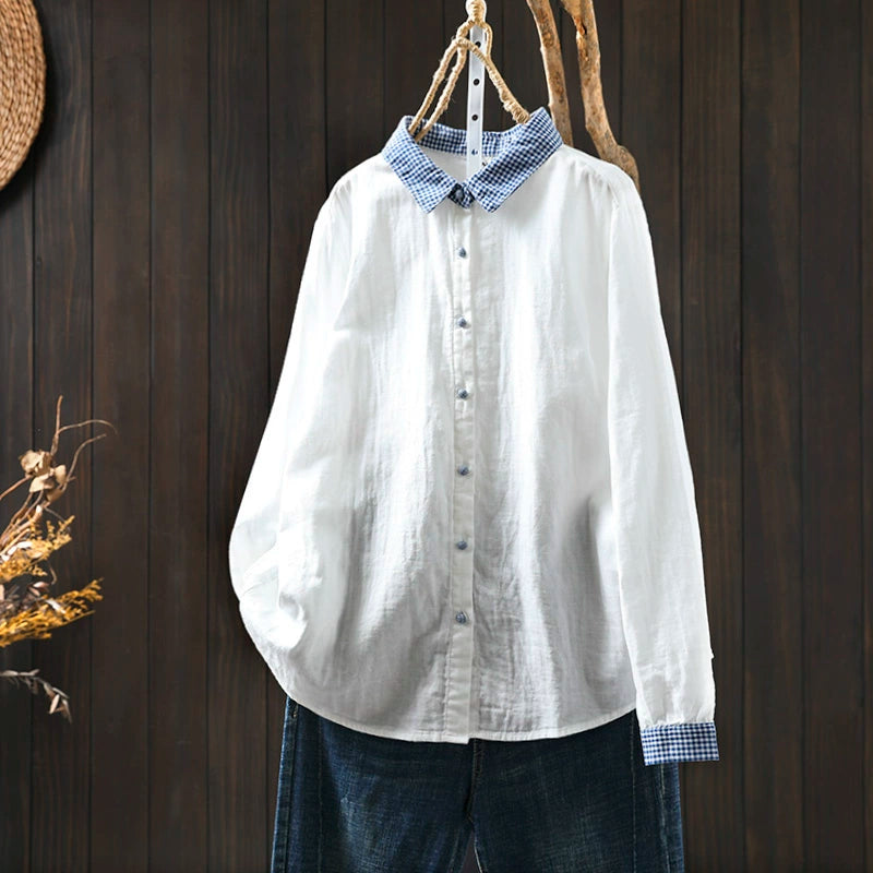 Women Spring Vintage Pure Cotton Solid Color Long Sleeve Blouse