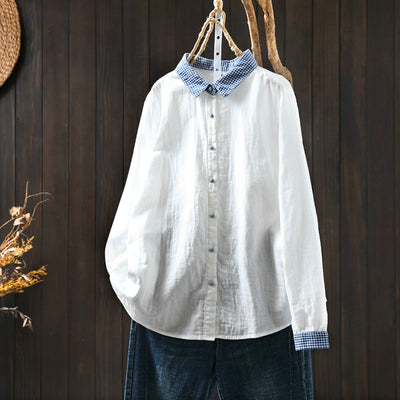 Women Spring Vintage Pure Cotton Solid Color Long Sleeve Blouse