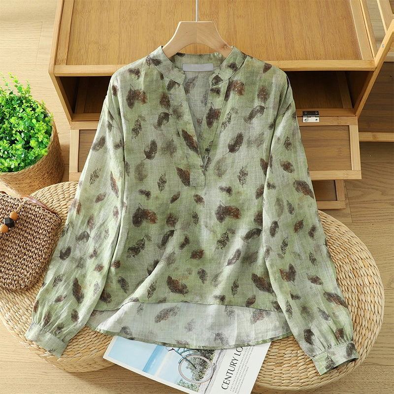 Autumn Ramie V-Neck Printed Comfortable Loose Shirt