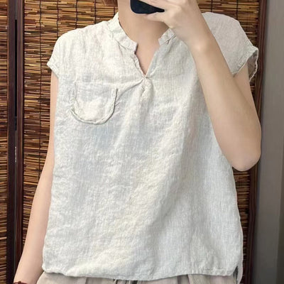 Babakud Summer Causla Linen Loose Pocket V- Neck Vest