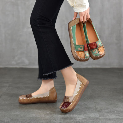 Babakud Women Spring Vintage Colorblock Handmade Leather Flats