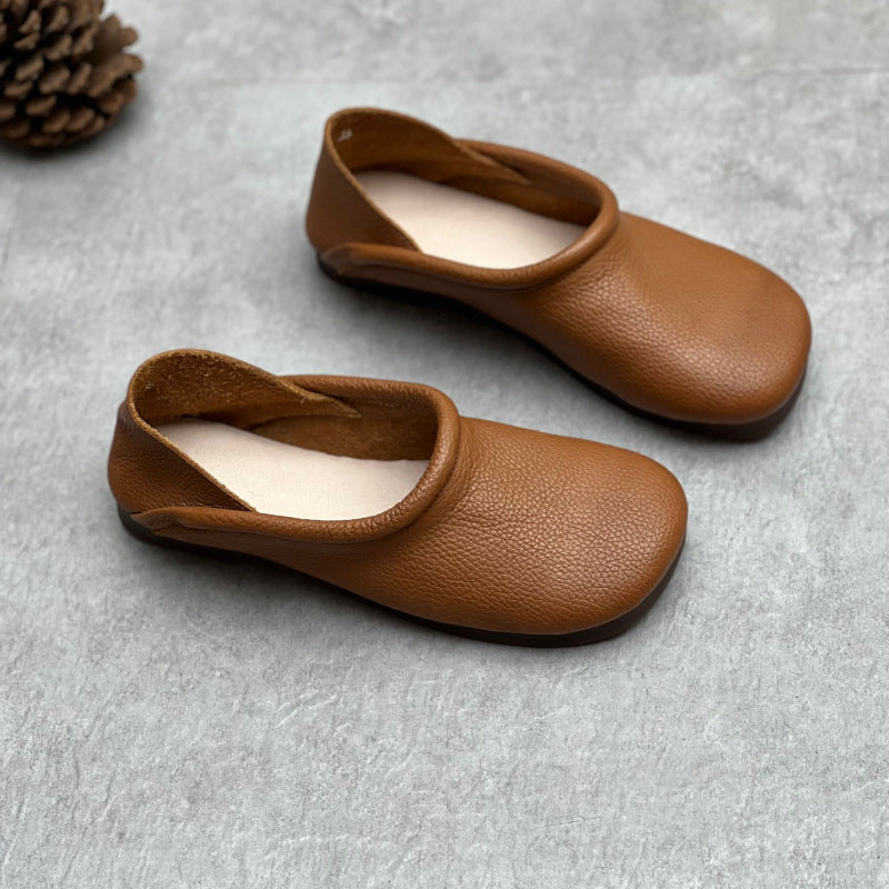 Ladies Retro Soft Leather Slip-On Flats with Rolled Edge