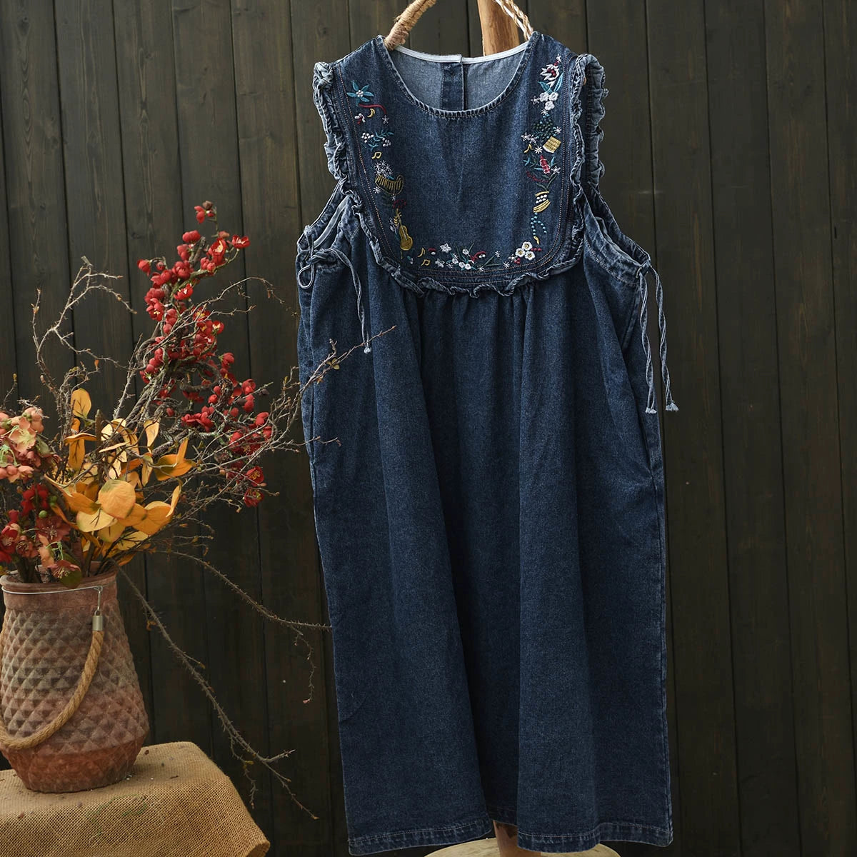 Women Spring Vintage Ethnic Embroidered Cotton Vest Dress