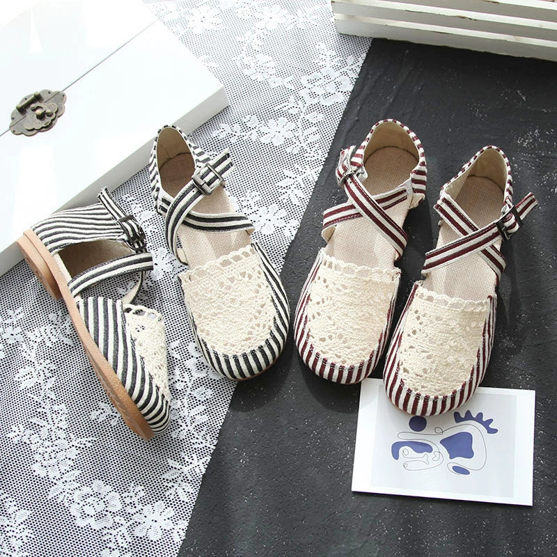 Summer Linen Closed Toe Lace Crossing Straped Striped Shoes