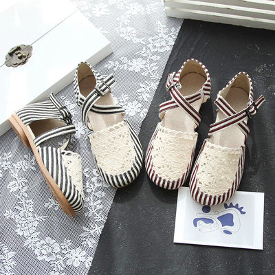 Summer Linen Closed Toe Lace Crossing Straped Striped Shoes