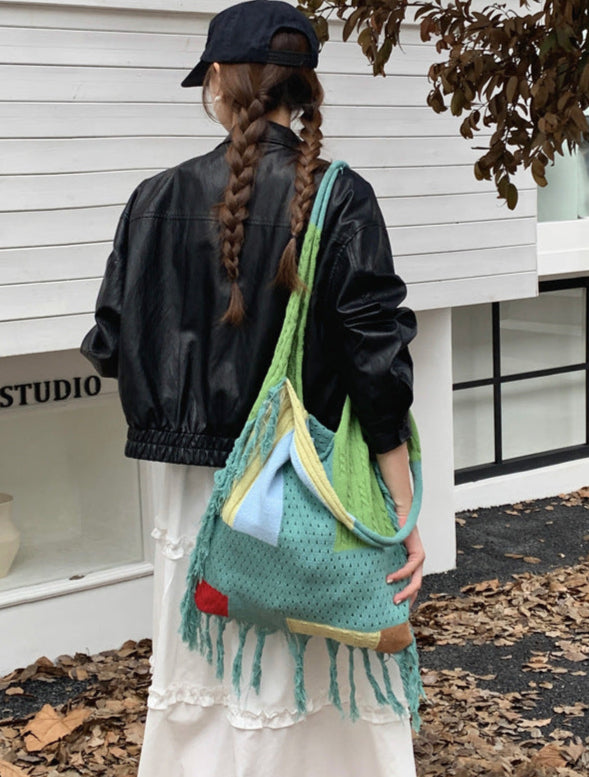 Casual Large Capacity Color Block Tassel Knit Shoulder Bag
