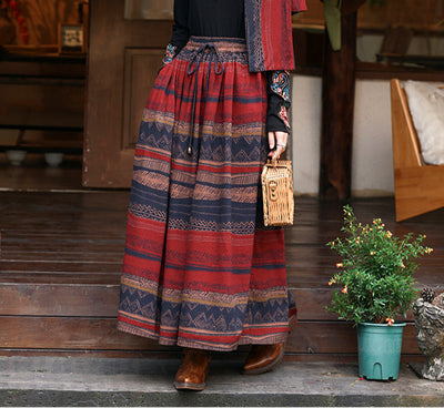 Fashion Ethnic Style Printed Contrast Color Cotton Linen Skirt