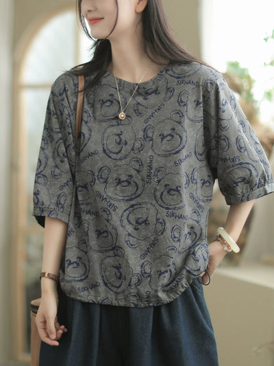 Women Summer Fashionable Versatile Round Neck Printed T-shirt