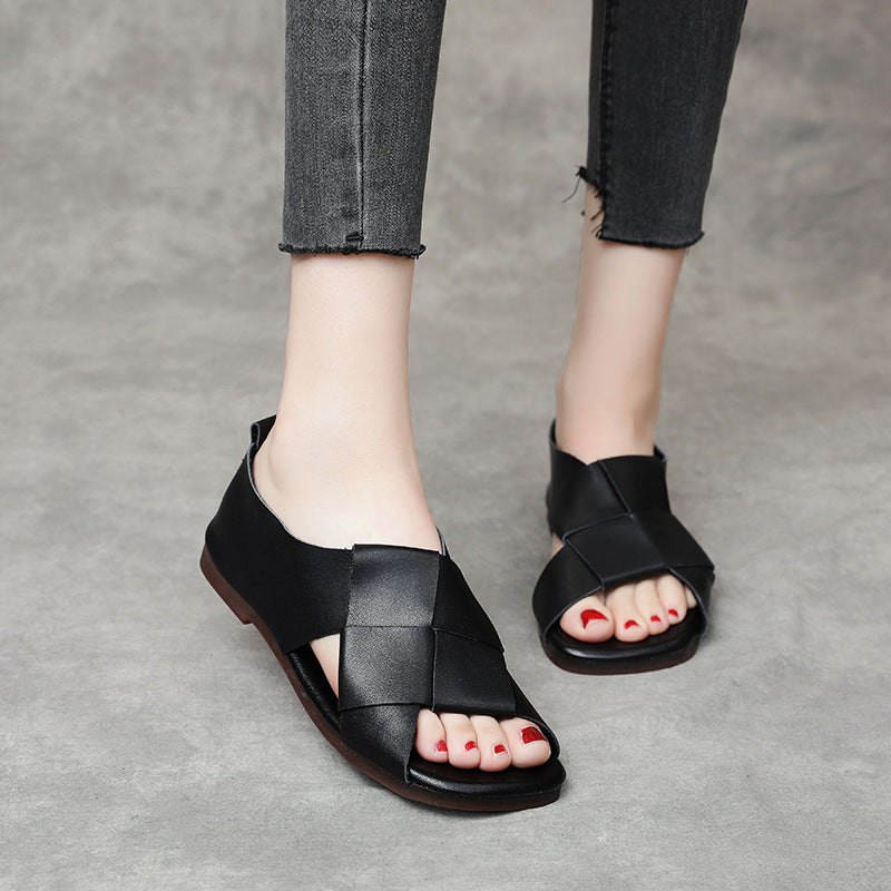 Women Retro Leather Casual Patchwork Open Toe Flat Sole Sandals