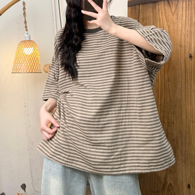Summer Casual Versatile Cotton Contrasting Collar Striped T-Shirt