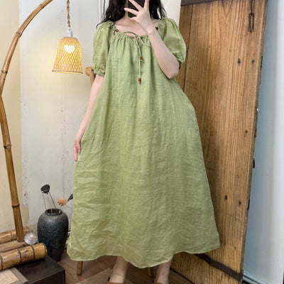 Women Summer Ramie Sweet Literary Double Layer Lace-Up Dress