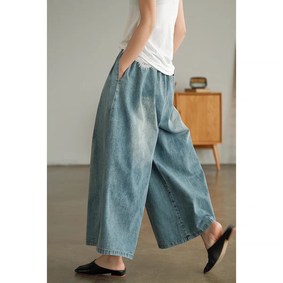 Autumn Retro Denim Casual Loose Plus Size Elastic Waist Jeans
