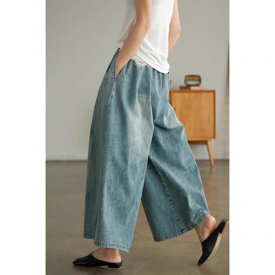 Autumn Retro Denim Casual Loose Plus Size Elastic Waist Jeans