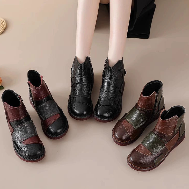 Winter Warm Leather Fleece-In Patchwork Casual Ankle Boots
