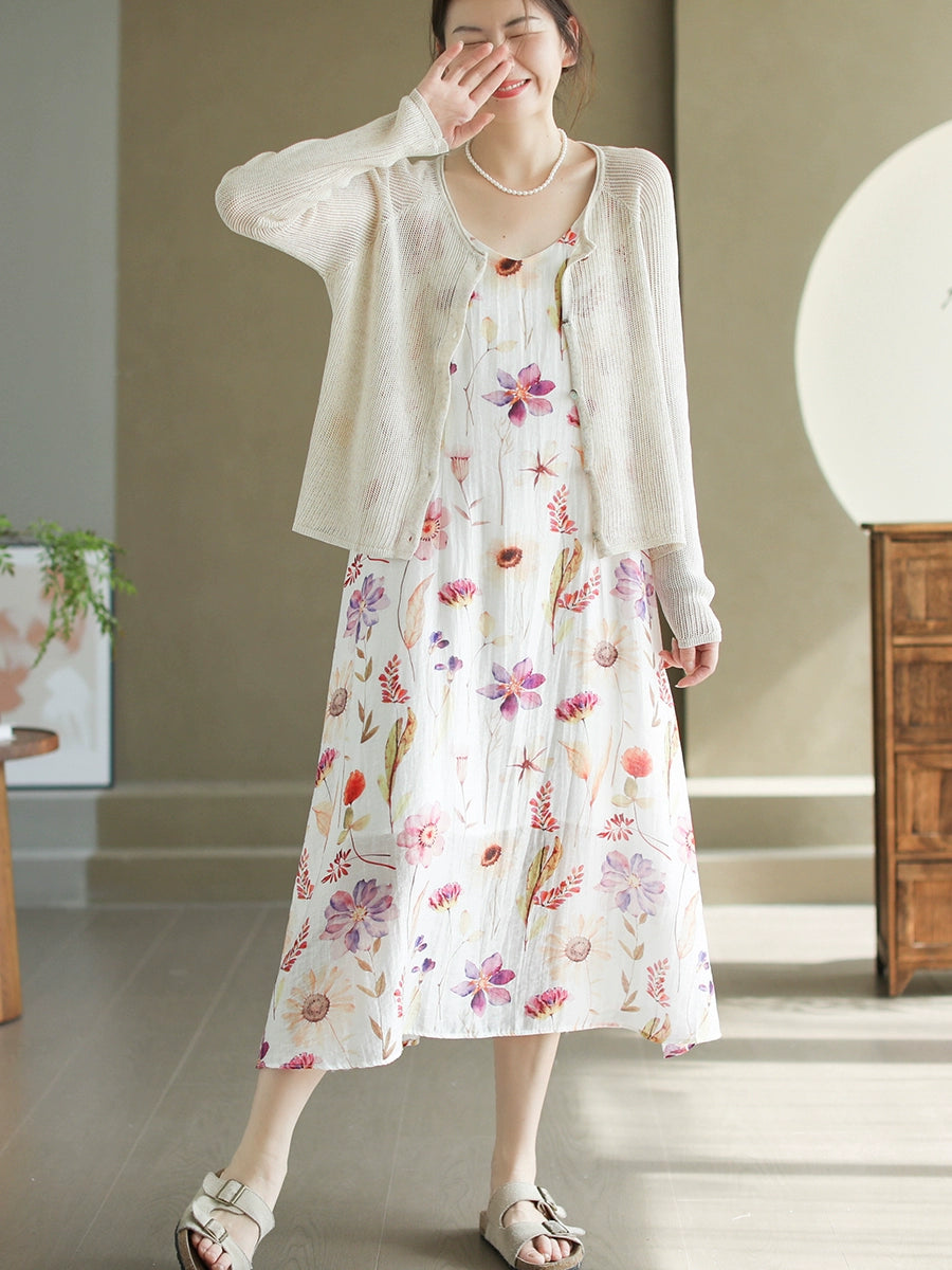 Women Autumn Linen Woven Round Neck Cardigans