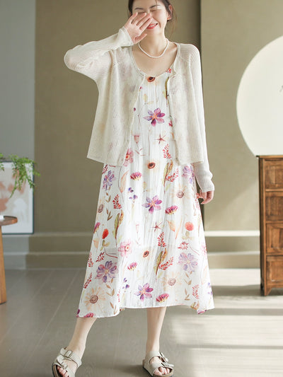 Women Autumn Linen Woven Round Neck Cardigans