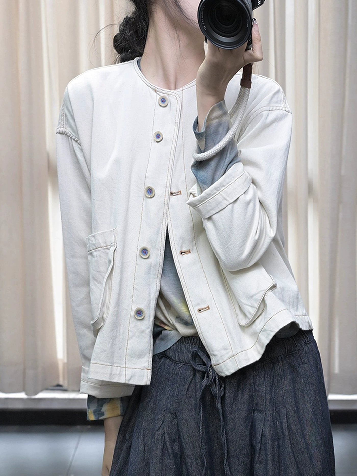 Autumn Retro Cotton Denim Round Neck Patchwork Pocket Coat