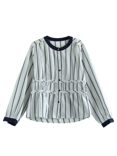 Babakud Autumn Cotton Striped Round Neck Patchwork Shirt