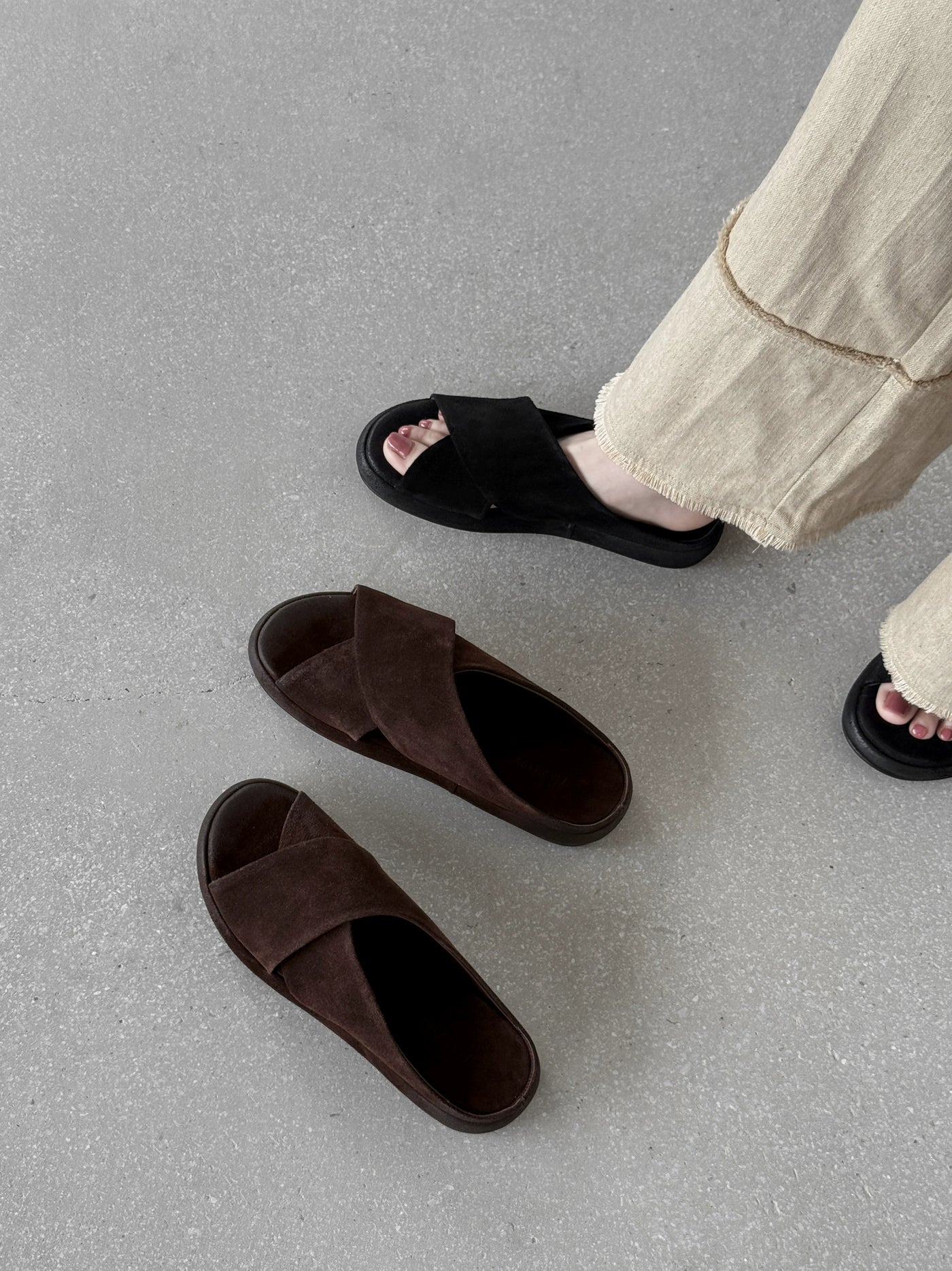 Women Vintage Leather Sueded Open Toe Crossing Platform Shoes