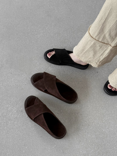 Women Vintage Leather Sueded Open Toe Crossing Platform Shoes