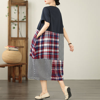 Loose Trendy Retro Short Sleeves Color Block Plaid Cotton Dresses