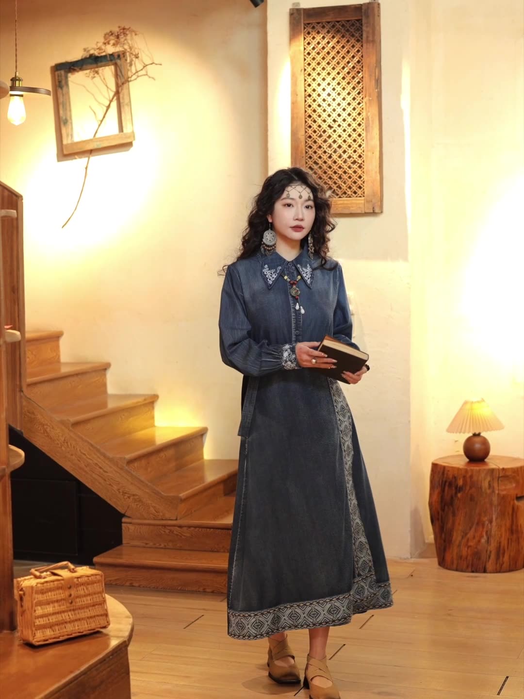 Autumn Denim Casual Loose Chinese Style Embroidered Skirt