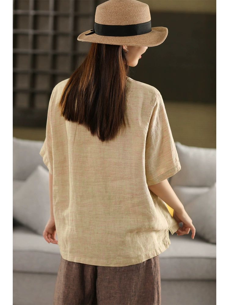 Women Vintage Casual Linen Loose Fit Short Sleeve Pullover Shirt