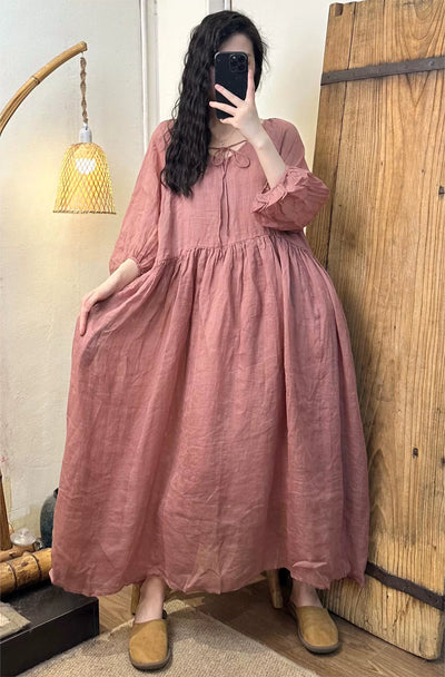 Summer Women Ramie Loose Round Neck 3/4 Sleeves Dress