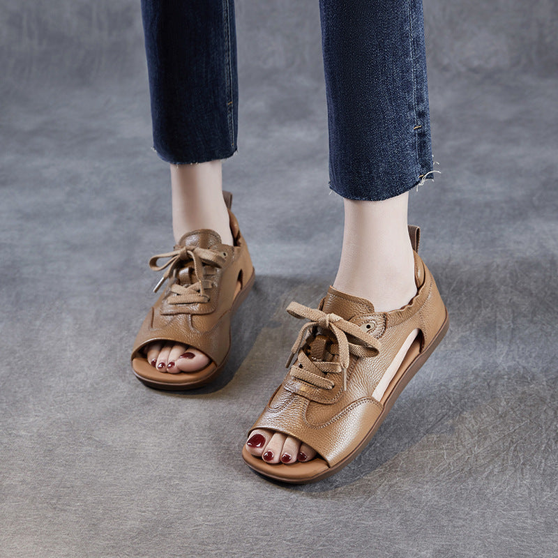 Women Summer Retro Genuine Leather Flat Soft Sole Lace-Up Sandals