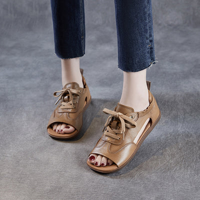 Women Summer Retro Genuine Leather Flat Soft Sole Lace-Up Sandals