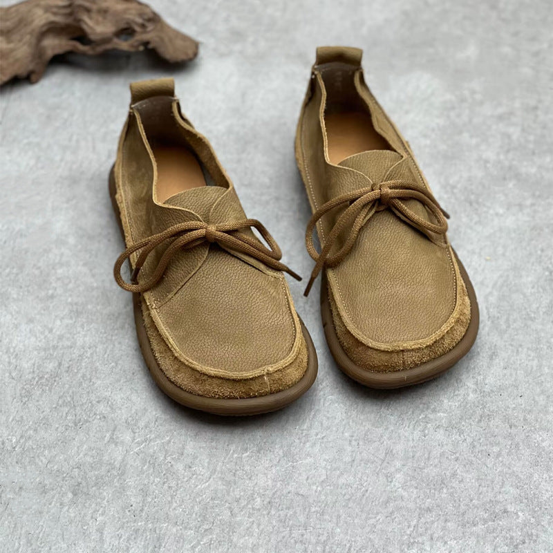 Ladies Retro Handmade Genuine Leather Lace-Up Suede Flats