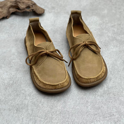 Ladies Retro Handmade Genuine Leather Lace-Up Suede Flats