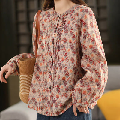 Women Spring Retro Cotton Printed Long Sleeve Casual Shirt