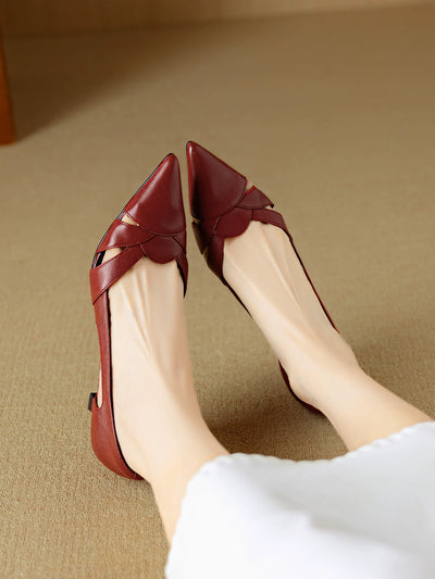 Elegant Sheepskin Leather Pointed Toe Cut Out High Heels