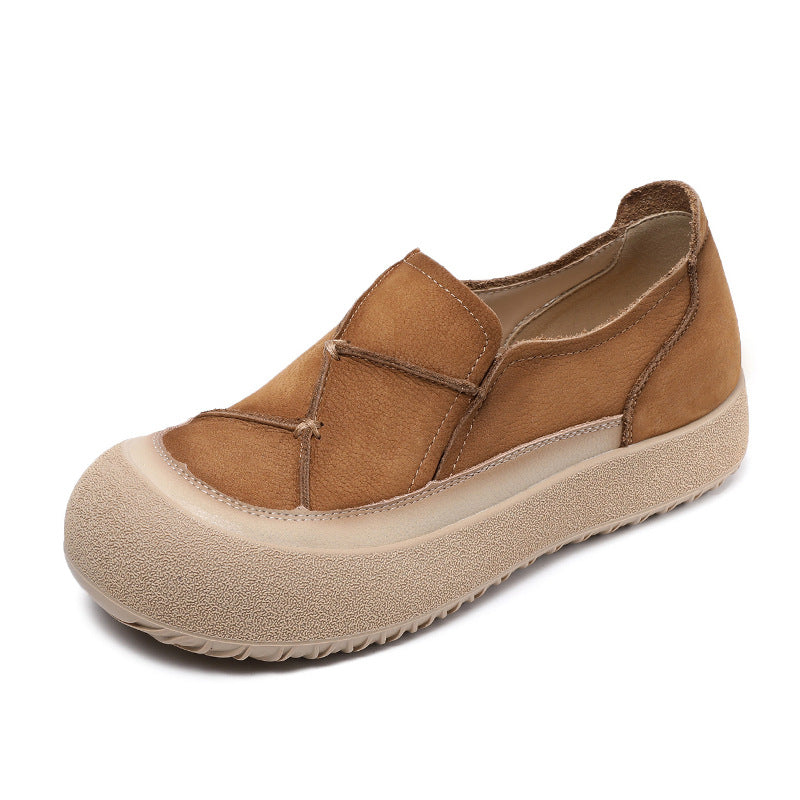 Women Casual Leather Chunky Color-Blocked Slip-Ons Flats