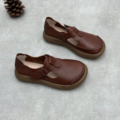 Women Retro Geniune Leather Casual Velcro Strap Slip-Ons