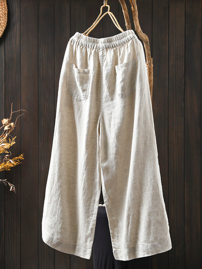 Women Spring Vintage Linen Solid Color Casual Wide-Leg Pants