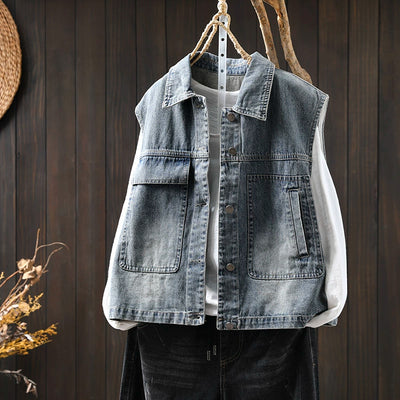 Women Spring Retro Denim Solid Color Casual Vest